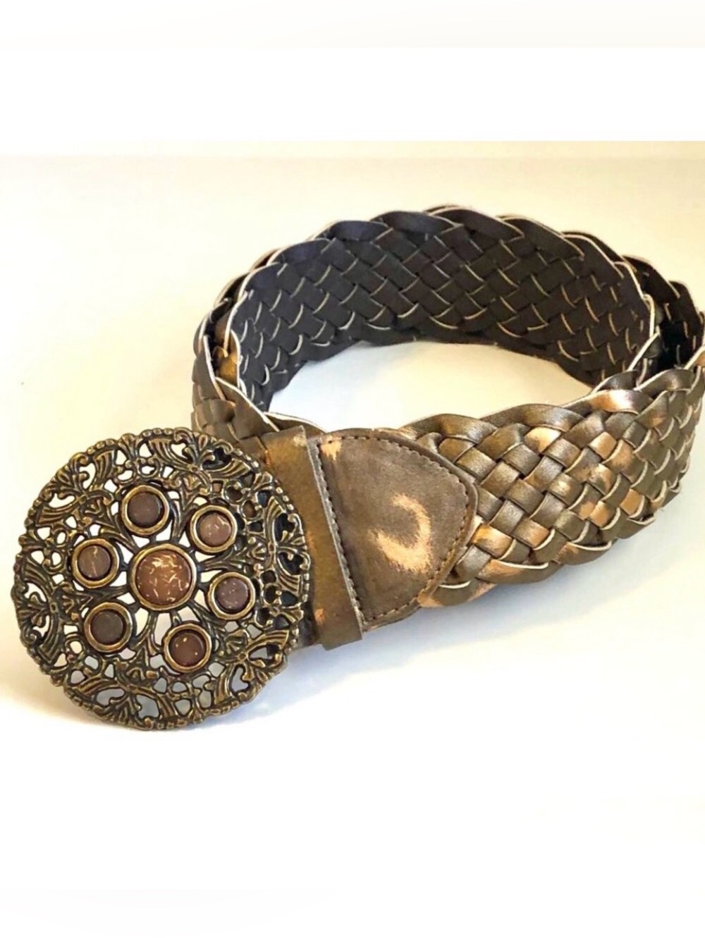 NWT ALEXANDRA’S ACCENTS Boho Belt Bronze Braided Vegan Leather Jewel Buckle L